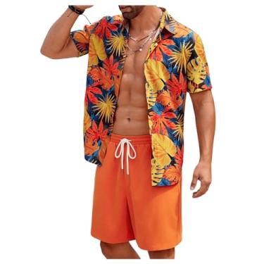 Imagem de Verdusa Camisa masculina Havaí com estampa tropical de manga curta e gola abotoada, Azul e amarelo, M