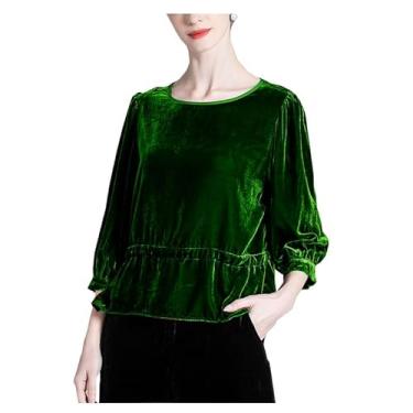 Imagem de fengbaoyu Camiseta feminina de veludo de seda primavera e verão gola redonda manga sete pontos roupas de alta qualidade, Verde escuro, 5X-Large Plus Extra Tall