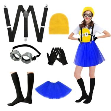 Imagem de HFYZZ 6 Pcs Halloween Costume Accessories Includes Vintage Steampunk Goggles Yellow Beanie Hat Black Gloves Tutu Skirt Black Knee Tube Socks Y-Back Suspenders for Adults Halloween Party Dress Up