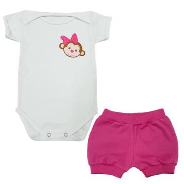 Imagem de Conjunto Body Manga Curta Bebê Macaquinha Laço Pink + Shorts - Mellane