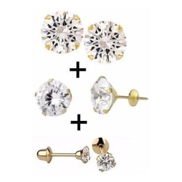 Imagem de Kit Brincos 7mm E 4mm Ouro 18k 750 Ponto De Luz - RD Magazine