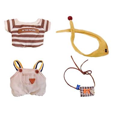 Imagem de niannyyhouse 15cm Plush Doll Clothes Loose Happy Mouse Set T-Shirt Overalls Scarf Backpack Soft Stuffed Plush Toy Dress Up (Beige, 15cm)