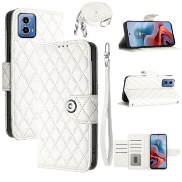 Imagem de Dswteny Capa carteira para Motorola Moto G34 com alça de ombro transversal, padrão Argyle PU couro flip suporte para cartão de crédito capa para celular MotoG34 meninas mulheres branca