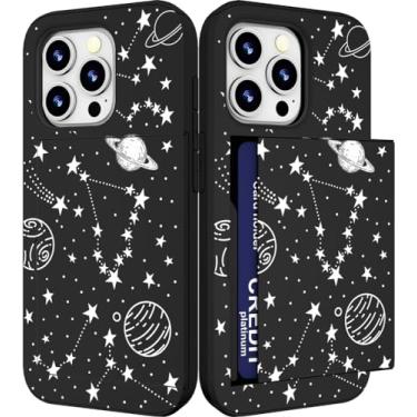 Imagem de IWONE Capa compatível com iPhone 15 Promax fofa com porta-cartões à prova de choque Slim Slot Phone 15 Pro Max capa carteira para mulheres/estrelas brancas universo planetas galáxia cosmo
