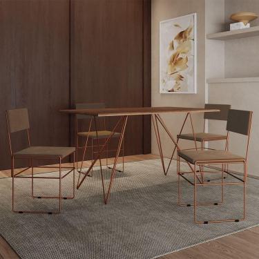 Imagem de Mesa Jantar Industrial Trama 1,40x0,80m Amêndoa Com 4 Cadeiras Estofadas Vitória Marrom E Cobre Marrom