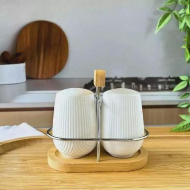 Imagem de Saleiro E Paliteiro Cerâmico Branco Com Suporte 3 Peças Luxo Organizad