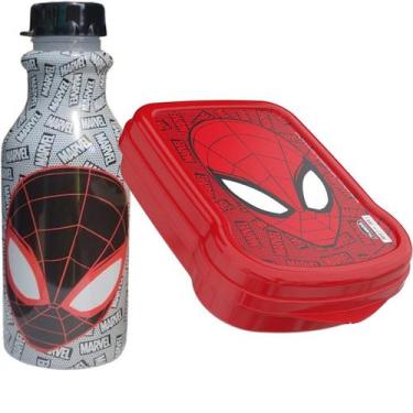 Imagem de Kit Porta Lanche Garrafa 500ml Homem Aranha Escola Infantil - Plasútil