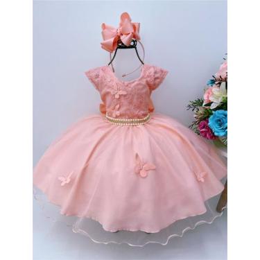 Imagem de Vestido infantil salmão c/ renda e borboletas e pérolas luxo - D-luxe,