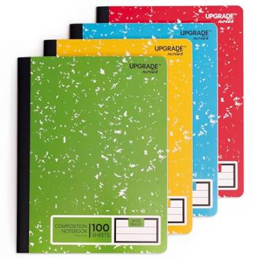 Imagem de UPGRADE NOTES Cadernos de composição, papel pautado largo, resiste a vazamento de tinta, 100 folhas, tamanho 25 x 19 cm. Cores de mármore: azul, vermelho, verde e amarelo; pacote com 4