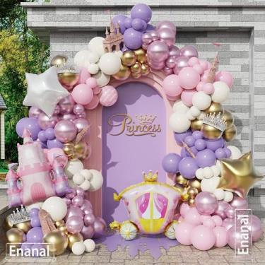Imagem de Enanal Princess Balloon Garland Arch Kit, 161pcs Pastel Pink Purple Chrome Gold Balloons with Castle Carriage Star Foil Balloons for Girls Princess Birthday Party Supplies Baby Shower Decorations