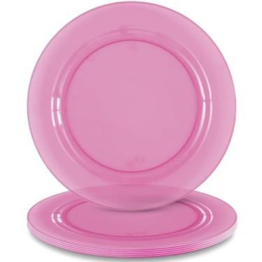 Imagem de Unique Pratos de jantar redondos de plástico translúcido rosa - 25,4 cm (pacote com 4) - Design elegante, ideal para festas, piqueniques e chás de bebê