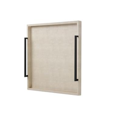 Imagem de Bandeja de otomana extragrande de couro marfim shagreen de 50,8 cm x 50,8 cm com alça preta, bandeja decorativa moderna para mesa de café, bandeja de servir decoração doméstica para festa, jantar,