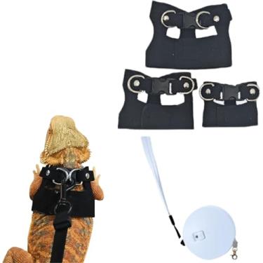 Imagem de Pacote com 3 arreios e coleiras de dragão barbudo – Peitoral de lagarto de couro macio ajustável, acessórios para caminhada para réptil e rato esquilo (preto, com guia atualizada)