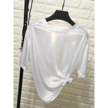 Imagem de Verão Feminino Brilhante Solto Manga Curta Camiseta De Seda Sexy Clube