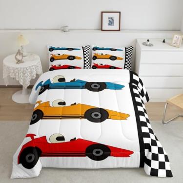 Imagem de jejeloiu Conjunto de cama solteiro com desenho animado, preto, branco, quadriculado, tema campeonato, esportivo, vermelho, amarelo, azul, 2 peças