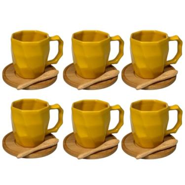 Imagem de Kit 6 Canecas de Cerâmica 120ml com Colheres e Pires de Bambu – Design Minimalista, Ideal para Café e Presentes - E-FCS Store (Amarelo)