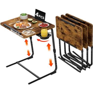 Imagem de Conjunto de 4 bandejas de TV – Bandejas de TV dobráveis ajustáveis para comer no sofá, mesas de madeira, suporte de mesa rústica dobrável com suporte de copo portátil