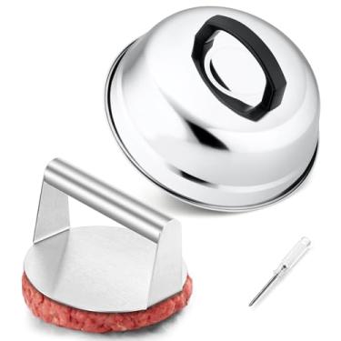Imagem de HaSteeL Cúpula De Derretimento De 9 Polegadas E Prensa De Hambúrguer De 7 Polegadas, Tampa De Vapor Redonda Com Prensa De Bacon De Aço Inoxidável, Acessórios De Grelha De Metal Para Topo Plano Teppany
