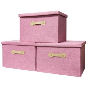 Imagem de Enzk&Unity Caixas de armazenamento decorativas com tampas, caixa de armazenamento dobrável de linho de tecido com alça organizadora para prateleira, armário, quarto, sala de estar, escritório, 3