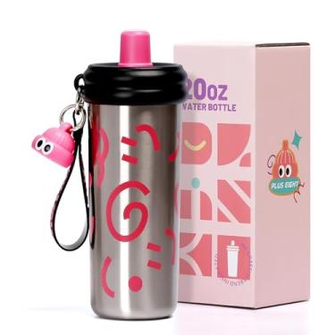 Imagem de pluseight Copo de aço inoxidável com palha, copo de 600 ml com à prova de vazamento, garrafa de água de parede dupla reutilizável, caneca térmica de viagem de café (prata)