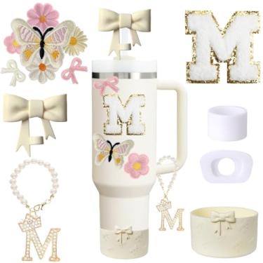 Imagem de Conjunto de acessórios de copo Stanley branco de 13 peças para copo de 850 g 1,134 g com alça, incluindo pingente de alça, adesivo inicial personalizado, topo de palha, bota de silicone, tampa à prova