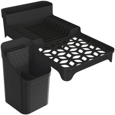 Imagem de Kit Escorredor de Louças e Porta-Talheres, P/Prato Copo Talher Garfo Faca Colher, Base Vazada com Divisórias, Utensílio de Cozinha Compacto, Pia Bancada (Preto)