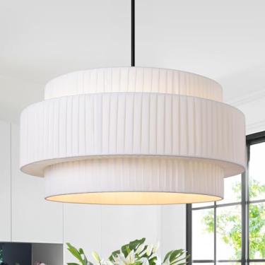 Imagem de LamQee Lustre de tecido de fazenda de 59,9 cm, luminária de teto grande de 3 andares, altura ajustável com sombra de tecido redonda, luminária pendente moderna para sala de jantar sobre a mesa