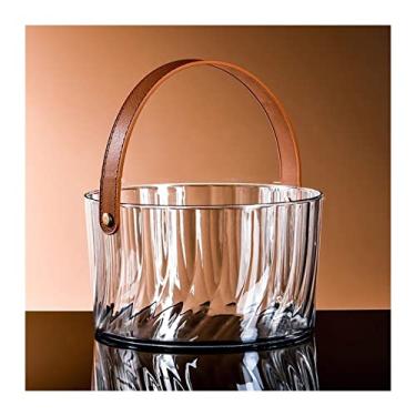 Imagem de Balde de gelo para festas Baldes de gelo de plástico com alça de couro marrom Balde de vinho transparente Balde de champanhe redondo balde de refrigerador de vinho Balde de refrigerador portátil de