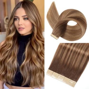Imagem de Extensões de cabelo humano com fita adesiva de 40,6 cm 20 peças de extensões invisíveis de cabelo humano real marrom chocolate a caramelo loiro Remy extensões de fita injetada sem costura