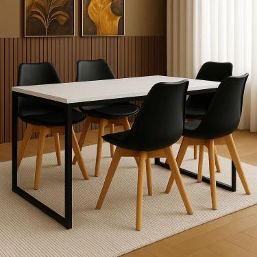 Imagem de Conjunto Mesa de Jantar Retangular 120x80 cm com Tampo Branco e Estrutura em Aço Preto+4 Cadeiras Pretas Pés em Madeira