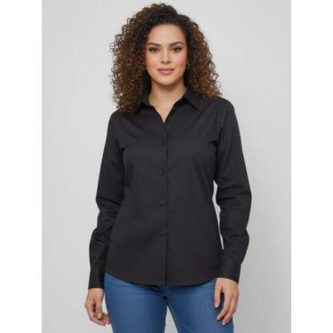 Imagem de camisa social preta feminina manga longa, elegante, de botão, básica, 