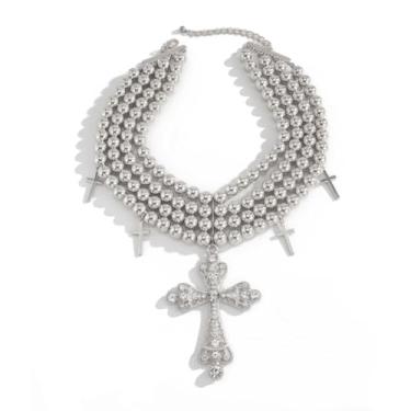Imagem de Colar de cruz grossa de prata dourada com contas de pérolas exageradas, corrente gargantilha grande com pingente de cruz de zircônia cúbica grande joia de cruz de cristal para mulheres, one size