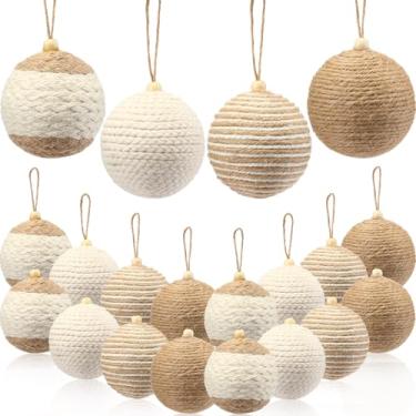 Imagem de Leyndo 16 peças de enfeites de bola de Natal de serapilheira de 8,5 cm rústico para casa de fazenda, enfeites de árvore de Natal com corda de juta neutra decorações boho para decoração de festa de