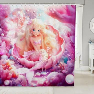 Imagem de Kawaii, sereia infantil, cortina de banheiro mundo subaquático, cauda de peixe, decoração de casa de princesa de conto de fadas romântico, cortinas rosa à prova d'água, 12 ganchos, 182 cm L x 198 cm C