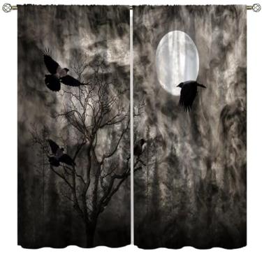 Imagem de Cortinas de corvo gótico, floresta escura, pássaros pretos, tratamentos de janela de corvo para quarto, sala de estar, cozinha, terror, Halloween, conjunto de cortinas de janela, 2 painéis, 106 x 150