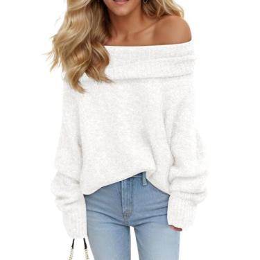 Imagem de Suéter Saodimallsu Off Shoulder feminino de malha desleixada branca