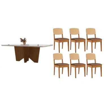 Imagem de Conjunto Sala de Jantar Nevada c/ Tampo Madeirado c/ Vidro Canto Curvo 180x90cm e 6 Cadeiras Havana Premium Naturale/Off White - Capuccino/Corano Capu