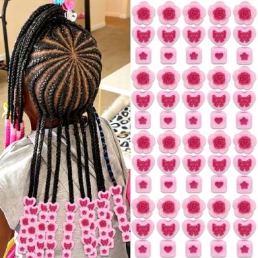 Imagem de NAISKA 60 peças de contas de cabelo rosa para tranças, joias de trança localizada multiformas, acrílico, contas de pônei, acessórios para dreadlock, decoração de trança de cabelo fofo para mulheres e