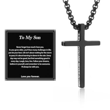 Imagem de Alissl Colar com cruz para homens e meninos, corrente com pingente de aço inoxidável 316L, versículo bíblico, religioso, cristão, presente inspirador para oração, primeira comunhão, confirmação de