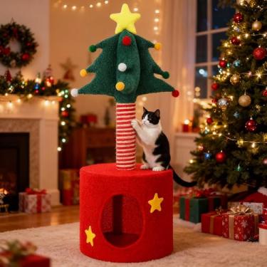 Imagem de SilTriangle Torre de árvore de Natal para gatos de 83 cm com arranhador, casa de gato, cama de condomínio para adultos, gatos, pequenos gatos, árvore, centro de atividades