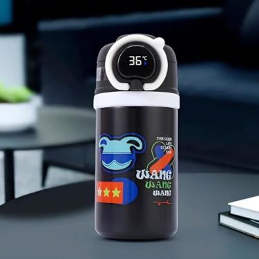 Imagem de Garrafa Térmica Infantil com Tela Digital LCD, 550ml, Aço Inox, Display Termômetro, Canudo Retrátil, Tampa Antivazamento, 21cm x 8.5cm (Preto)