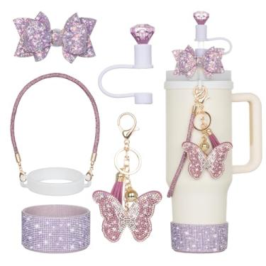 Imagem de Rabrgab 6 peças de acessórios de copo Stanley roxo com alça brilhante, tampa de cobertura de palha de diamante, laço brilhante, bota de diamante, pingentes de borboleta brilhante para copo de garrafa