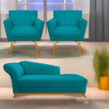 Imagem de Kit Diva Recamier Vanessa 185Cm Lado Direito E 02 Poltronas Laura Suede Cor Azulturquesa