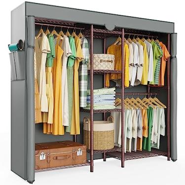 Imagem de LEHOM G6C Cabideiro resistente com capa, cabide de arame para pendurar roupas, rack compacto de armazenamento de roupas com capa de tecido Oxford, suportes de roupas ajustáveis para pendurar no quarto, bronze