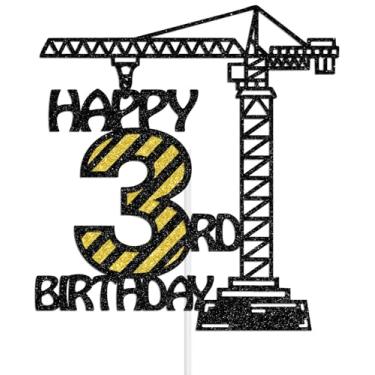 Imagem de Happy 3rd Birthday Cake Topper, Construction Boy Third Birthday Party Decorations, Dump Truck Party Decor for Kids, I’m 3 and Digging it Decoration Black Glitter