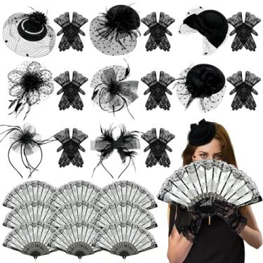 Imagem de Cuffbow 27 Pcs Black Fascinator Hats Funeral Veil with Folding Fan Lace Gloves for Women Church Halloween Tea Party Headwear