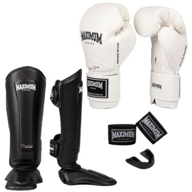 Imagem de Kit Luva de Boxe New Classic Branca + Caneleira Muay Thai Classic Preta + Bandagem 3m + Protetor Bucal - Maximum (LUVA 10oz + CANELEIRA G)