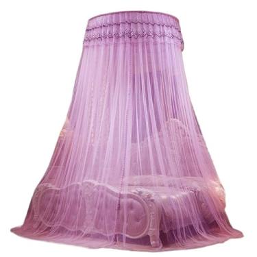 Imagem de Mosquiteiro Teto Casal Gigante Indiano com Elástico – Proteção Elegante e Conforto para Todos os Tipos de Cama(BRANCO COM LILÁS)