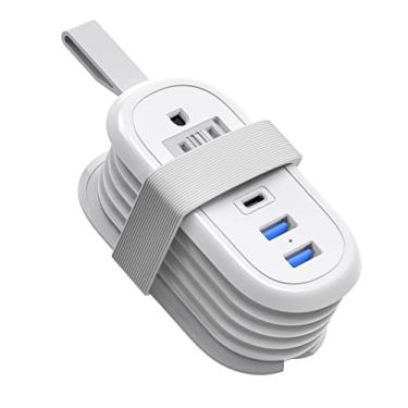 Imagem de BEVA Barra de alimentação de viagem com portas USB, barra de alimentação pequena portátil, cabo de extensão curto de 1,2 m, plugue plano, 2 tomadas, 3 portas USB (1 USB C), protetor antisurto para
