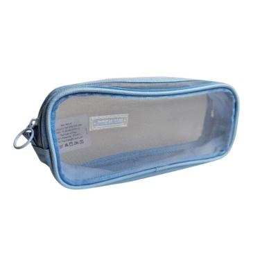 Imagem de Estojo Material Escolar Tela Transparente Azul Claro Premium Canetas Gel Lápis Borracha Tesoura Fofo